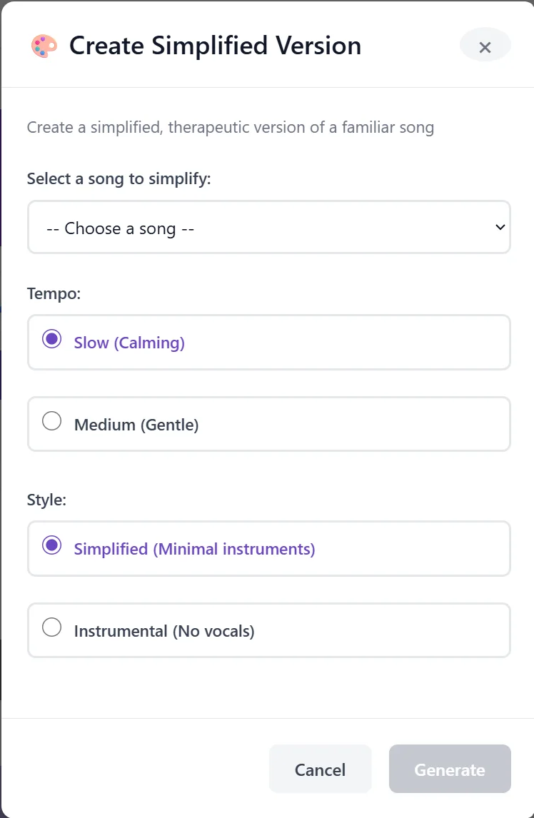 The dialog for generating a simplified therapeutic version of a familiar song